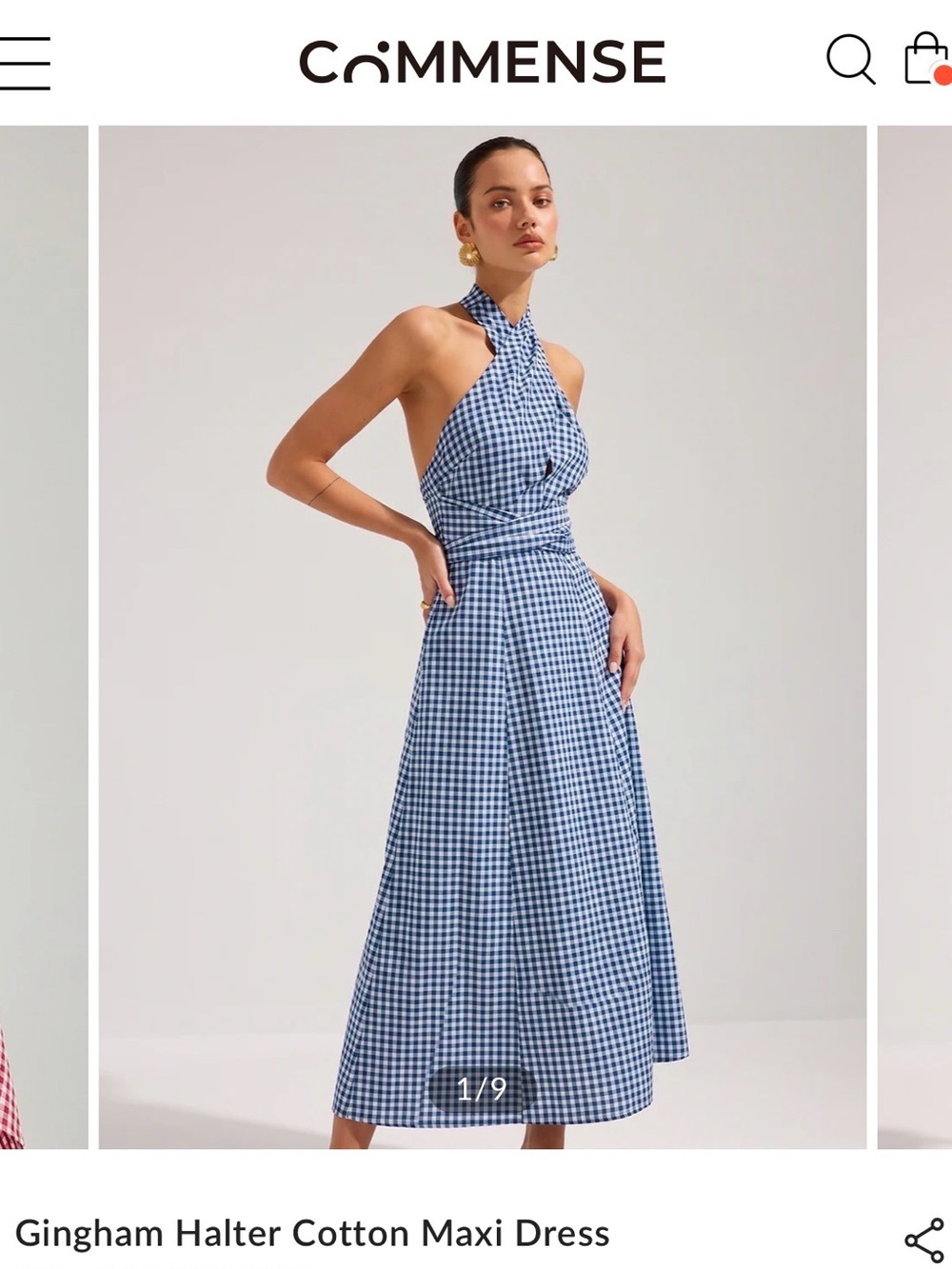 Commense Blue & White Gingham Halter Cotton Maxi Dress